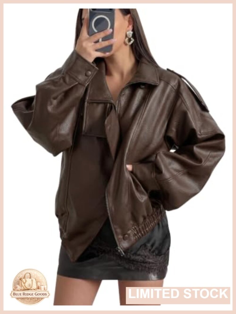 Oversized Faux Leather Bomber Jacket Funnel Neck Women's